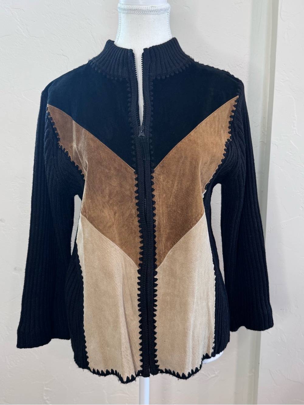 VTG 90s Suede Patchwork Sweater Jacket Medium M Ramie Knit Zip Boho Goblincore